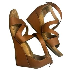 Giani Bernini Memory Foam Sandals Womens Tan Wedge Cognac Comfort Open Toe Zip